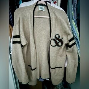 Scotch & soda unisex jersey sweater, new, tan with black strips and black logo.